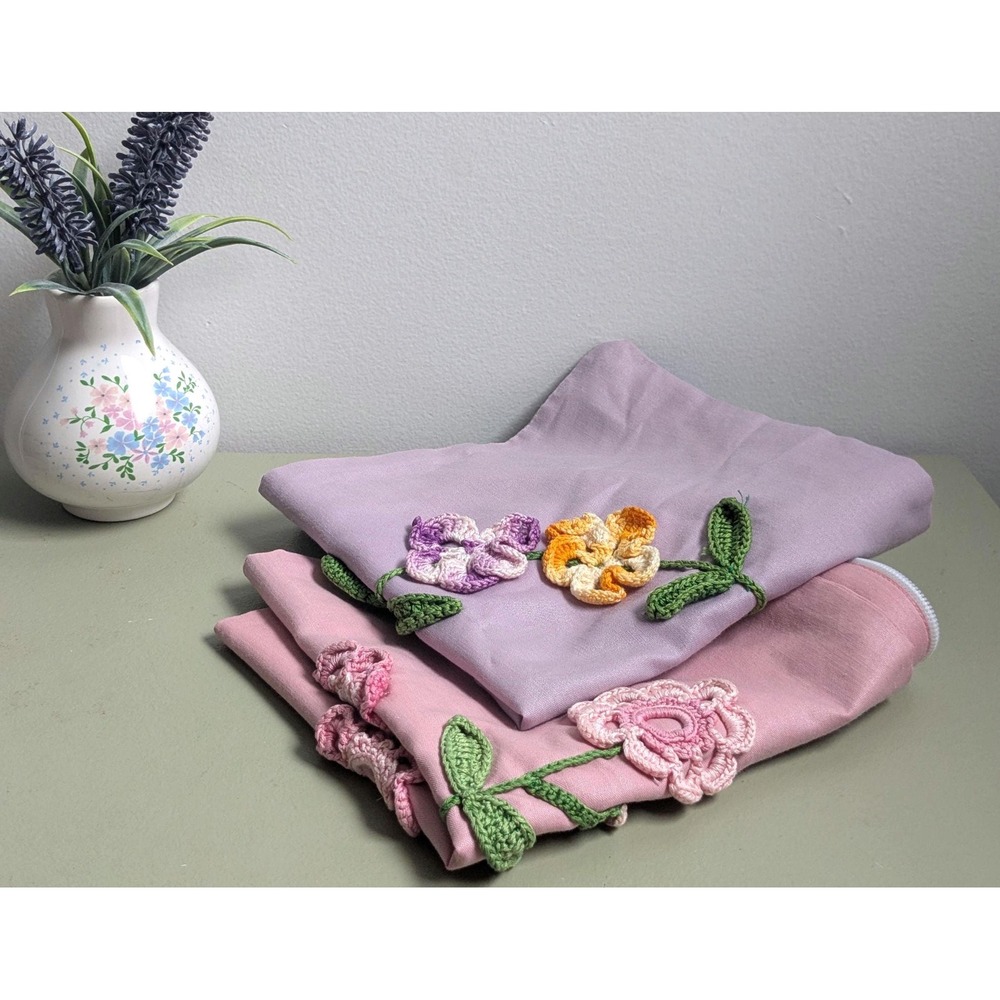 Vintage Crochet Flower Pillow Covers Set of 2 Pink Purple Cottagecore